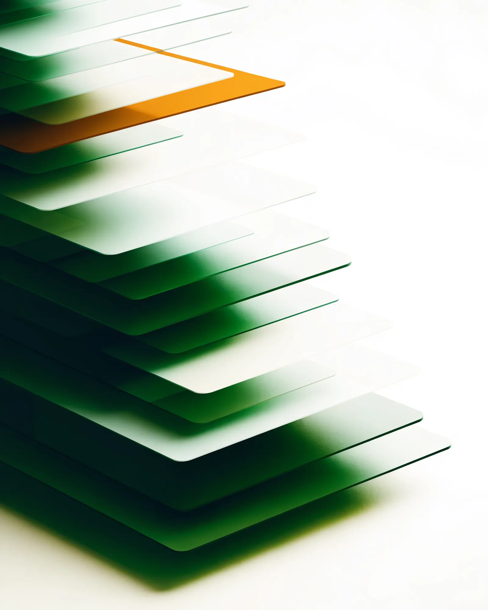 Overlapping translucent green and stone planes rising diagonally with a single amber highlight