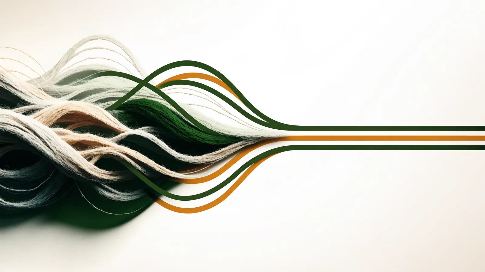 Tangled stone-coloured threads resolving into three clean parallel green lines