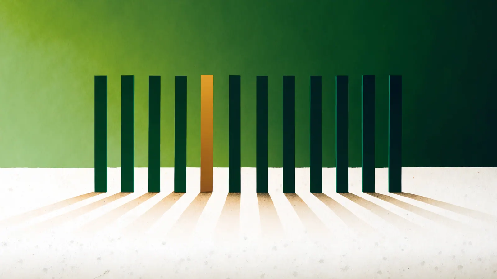 A row of evenly spaced green vertical bars casting long shadows, one bar amber