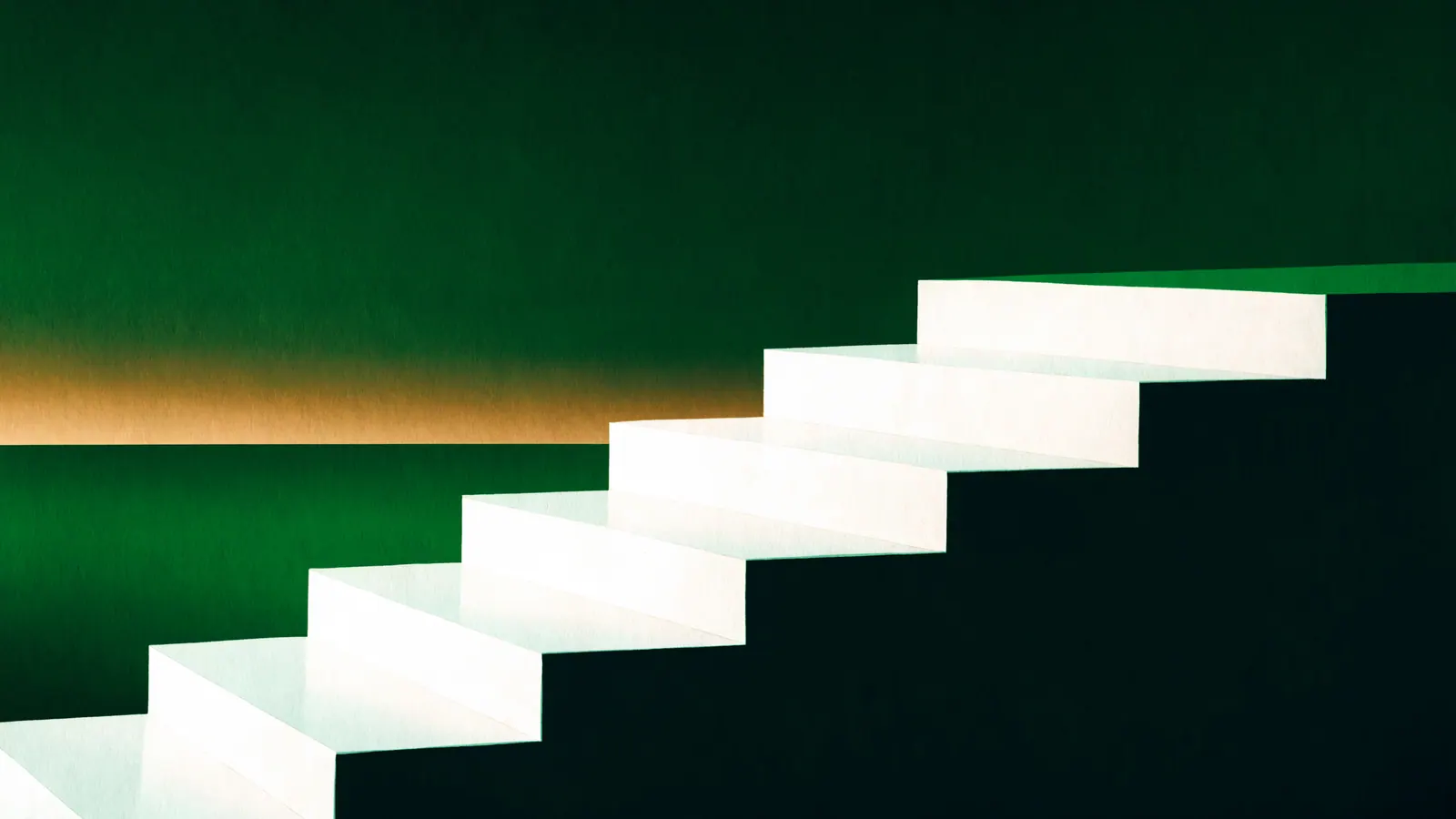 A rising staircase of stone slabs with a green top step and an amber horizon line