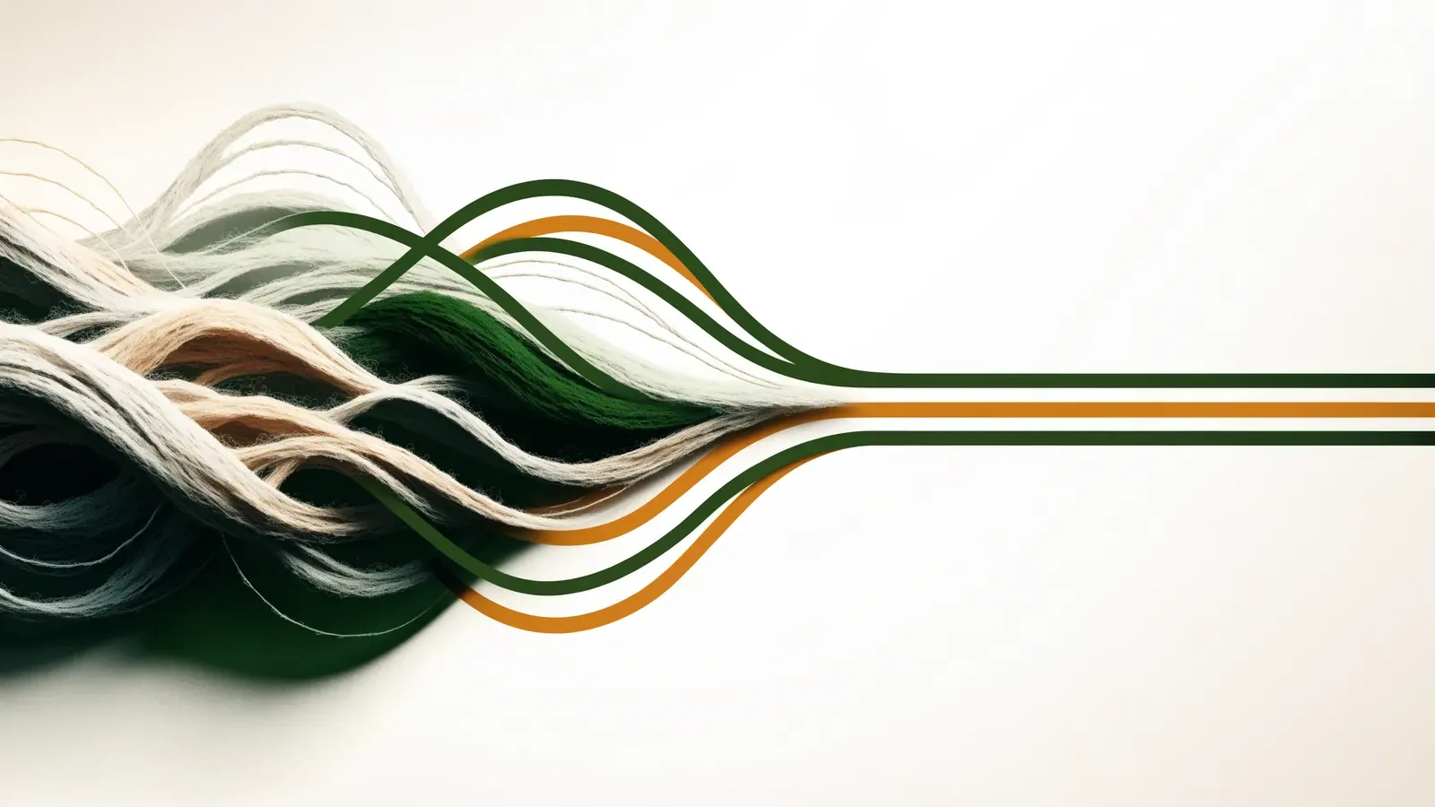 Tangled stone-coloured threads resolving into three clean parallel green lines